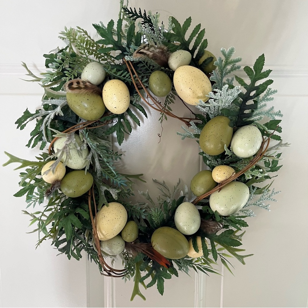 Spring Greenery Grapevine Wreath with Speckled Eggs and Delicate Feathers